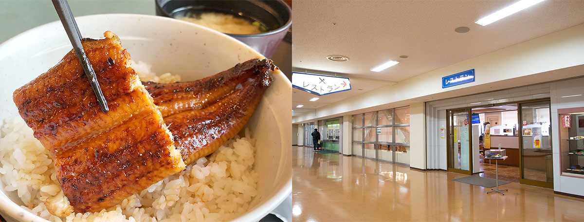 （左）ふっくらしたレストラン『フラワー』の「鰻丼」。（右）レストラン『フラワー』