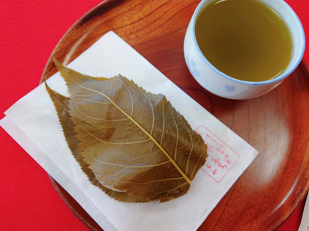 召し上がり「桜もち(煎茶付き)」500円、持ち帰りバラ1個250円