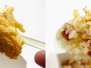 （左）とろとろ卵が包まれたあっさり風味の「オムライス炒飯」。（右）台湾の香腸の香ばしい味わいが全体のバランスの肝とも言える「香腸炒飯」