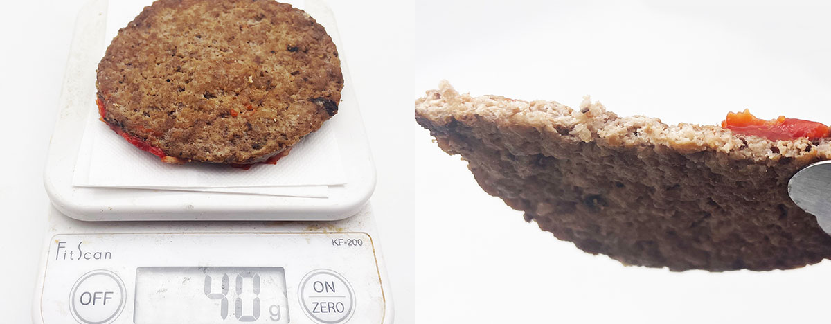 (左)『マクドナルド』のパティは約40gでした。(右)やや薄めながらも、持ち上げても曲がらないところが特徴です