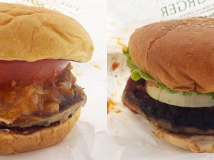 （左）『フレッシュネスバーガー』の「フレッシュネスバーガー」520円。（右）「クラシックバーガー」620円