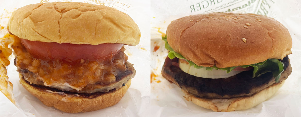 (左)『フレッシュネスバーガー』の「フレッシュネスバーガー」520円。(右)「クラシックバーガー」620円
