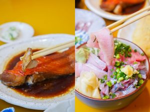 高級魚のイメージがあるキンメの煮付けに、喜びしかない三色丼。都内なら、3000円以上になるセットだと思われます