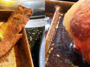 （左）ジューシーなカルビ肉を、塩とわさびがキリッと締めてくれます。（右）さらに甘口タレもカルビ肉の美味しさをグーンと引き上げてくれます