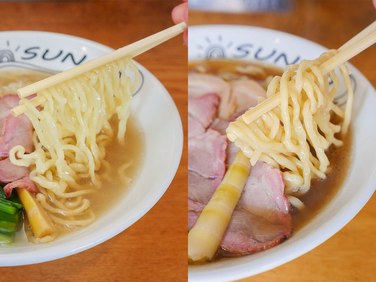 麺は麻生製麺の中太縮れ麺。程よくスープを持ち上げてくれる、「貝玉(替え玉)」は1玉250円、半玉150円