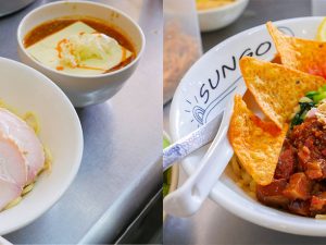 （左）「つけ麺950円」、（右）季節限定の混ぜ麺「まぜティーヤ」900円