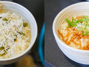 （左）しらすもノリも横須賀産の「しらす丼」380円と、（右）「ホタテご飯」400円