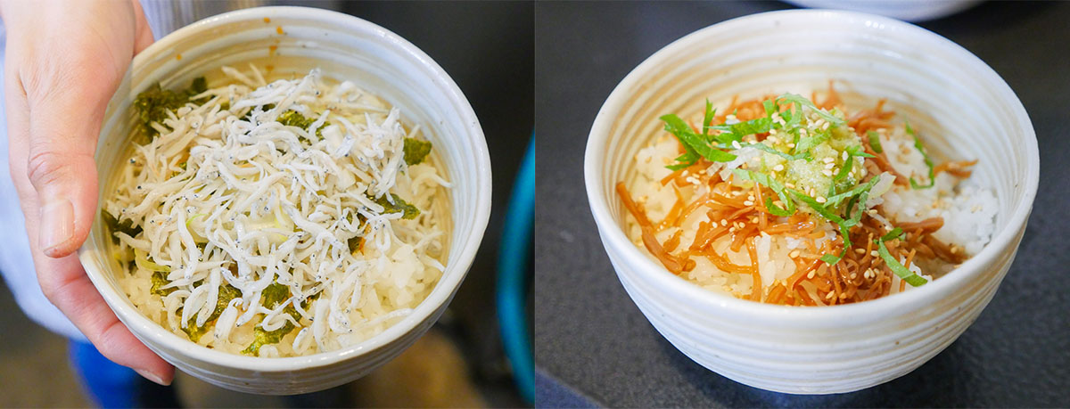 (左)しらすもノリも横須賀産の「しらす丼」380円と、(右)「ホタテご飯」400円