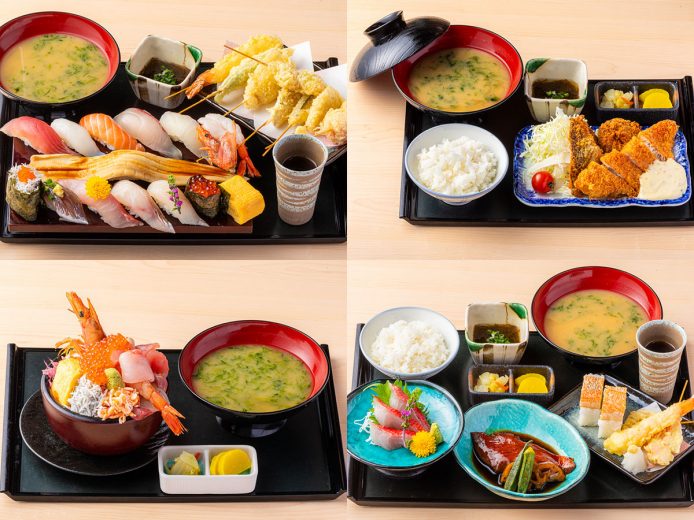 左上から時計回りに「まるす上握り」3280円に+串天ぷら8本980円。「ミックスフライ定食」1880円。「金目鯛食べ尽くし定食」3480円。「まるす丼特上 宝鮮」3280円