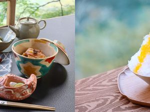 陽光に照らされた青もみじとホテルの目の前を流れる大堰（おおい）川を見ながら、ゆったりと朝食を楽しむ