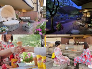 （右上）夕方〜夜にかけての時間もロマンチックでおすすめ。（左下）ソフトクリームやポップコーンを味わいつつ足湯やテラスでゆったり過ごせる