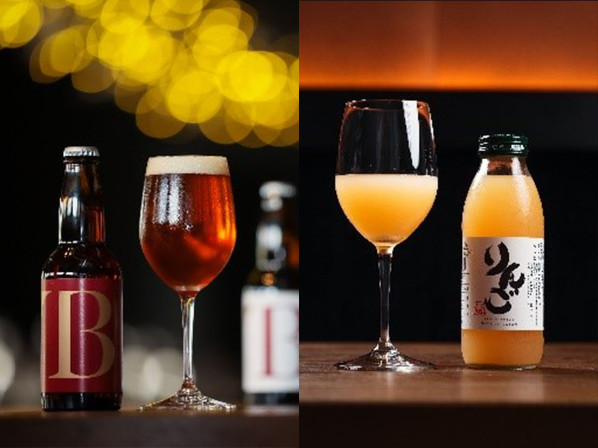(左)「妻有ビール」のクラフトビール、(右)津南の「りんごジュース」