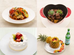 左上から時計回りに「オマール海老」、「牛ロースステーキ」、「パイナップルフルーツボウル」4950円、「生クリームとフルーツのケーキ」4620円