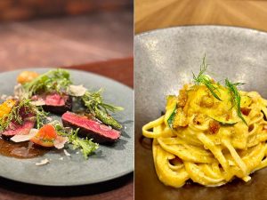 前菜やパスタにも地元信州の素材をふんだんに使用。右は「国産牛サーロインのタリアータ　季節野菜とトリュフソース」