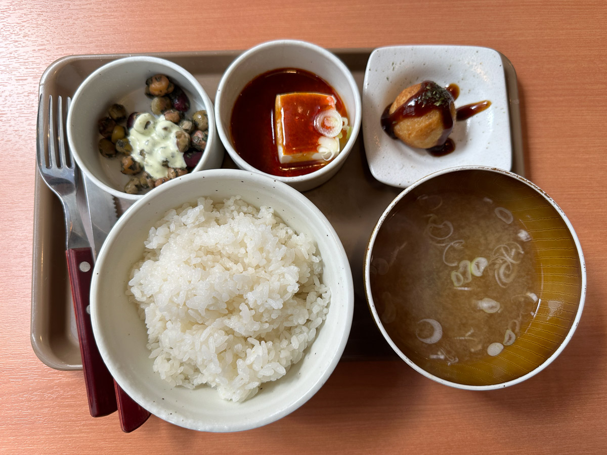 豆サラダ、たこ焼き、マーラー冷奴をチョイス。こんなふうにライス&味噌汁と一緒にトレイにのせられて提供されます