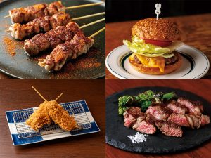 左上から時計回りに『The SEEP FORCE』の「羊串」1本500円、『Buddy's New York ARK Hills』の「メルティチーズバーガー」1000円、『cafes-vinos-tapas LA TAVERNA ハセガワ』の「短角牛の肩ロースと秋野菜の鉄板焼き」1300円、『恵比寿かつ彩』の「柔らかヒレ串かつ」1本400円