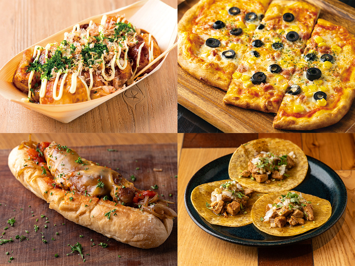 左上から時計回りに『アークヒルズカフェ』の「たこ焼き」600円、『ウルフギャング・パック ピッツァバー』の「ミックスピザ」1ピース400円/3ピース1000円、『タコリッコ』の「屋台タコスグリルチキン」3ピース1000円、『PARLOR GREEN APPLE』の「チーズホットドッグ」1000円