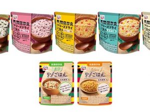 上から「フリーズドライごはん」（全5種）、「リゾごはん」（全2種）。※LINEヤフー株式会社が運営する「エールマーケット」内で開催中の「＃おくる防災」でも販売。※「フリーズドライごはん（カレー味）」のみ、12月31日(火)まで