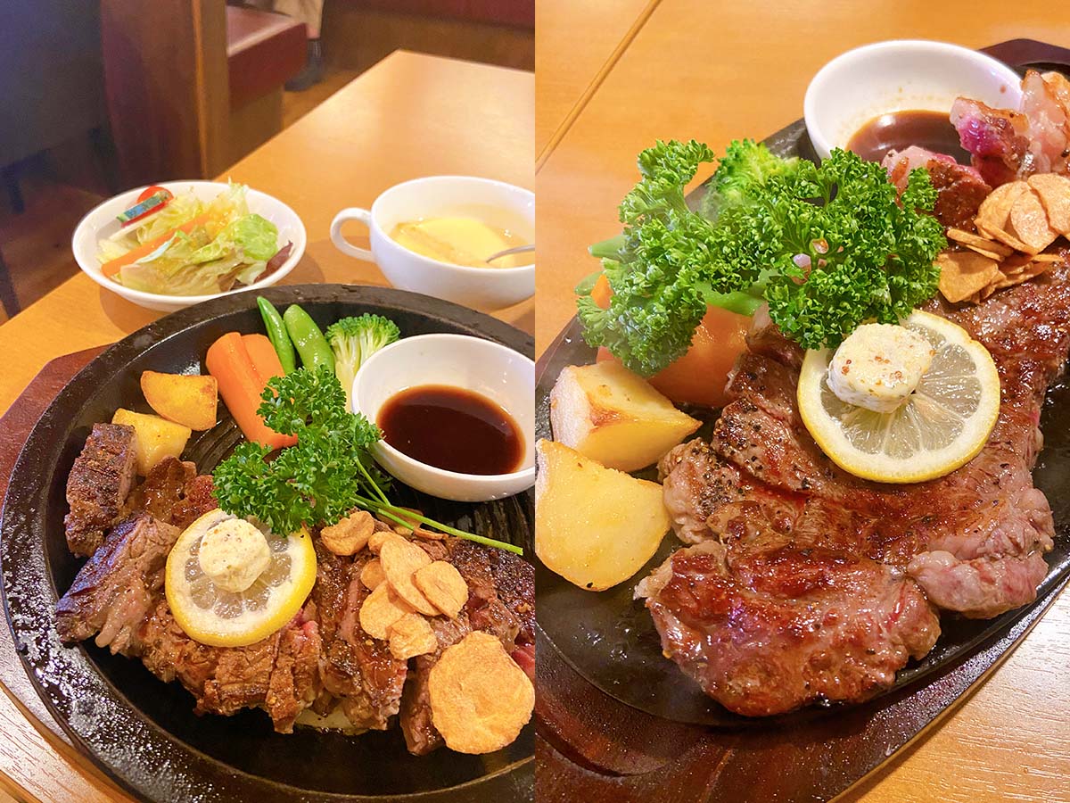 「牛上ヒレステーキセット」3200円、「牛上サーロインステーキセット」2700円