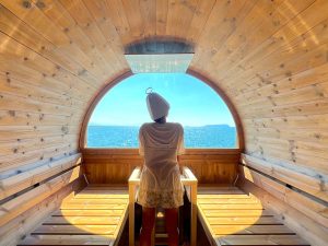 「日本の夕陽百選」に選ばれた有明浜沖に浮かぶ伊吹島が切り取られている「Ibuki Sauna」からの眺め
