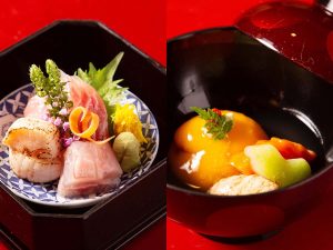 左：この日のお造りは鯛、黒睦、帆立の炙り。右：南瓜饅頭、冬瓜などの煮物