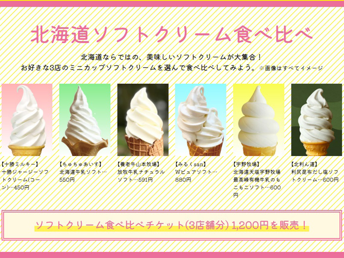 「北海道ソフトクリーム食べ比べチケット(3店舗分)」(1200円)