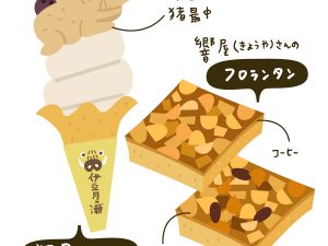 伊豆市のお土産の定番「猪最中」がソフトクリームにのった「猪最中ソフト」と『響屋（きょうや）』の「フロランタン」