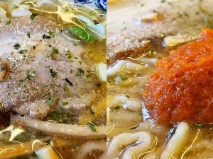 左）豚バラ肉を丁寧に煮込んだチャーシュー。（右）後半で「辛みそ」を崩すことで、味変！