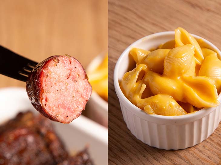 左:しっかりとした歯応えが楽しめるビーフソーセージ。右:チーズの濃厚なソースが美味しい「マカロニチーズ」700円
