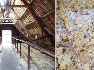 左：湯の花を採取する小屋。右：現在も採取されている湯の花