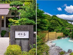 左：「岡本屋売店」を経営する岡本屋旅館。右：岡本屋旅館の眩いばかりのミルキーブルーの露天風呂　©岡本屋