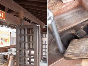 左：無料で利用できる足湯ならぬ足蒸し、右：蓋を開けると温泉の蒸気が出ている