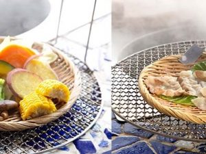 左：野菜は7分で蒸し上がる。右：2分ですぐに仕上がる豚バラ 各500円
