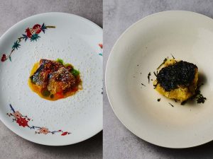 左：「鯖」、右：「穴子 佐賀海苔」の器はy-collection
