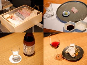 左上／トロ箱にはその日市場で仕入れた鮮度抜群の海の幸が並ぶ。右上／瀬戸内名物、鯛の刺身を地酒と共に。右下／生牡蠣と赤ワインのペアリング。左下／呉市の蔵元・相原酒造の「雨後の月 特別純米」