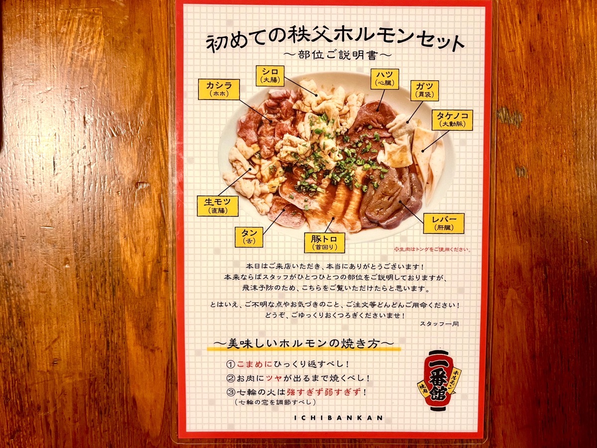 部位の説明書も付けてくれます。これであなたも豚ホルモンマニア。