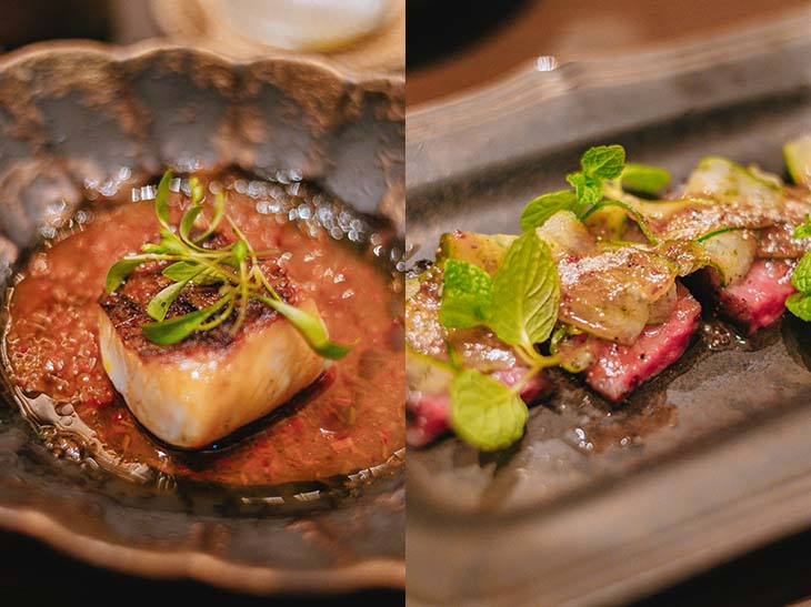 左:鯛のふっくらとした身は至福の美味しさ。右:シックなお皿とのあわせも美しく、見た目も爽やか