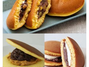 上：信州里の菓工房の「バタどら」216円、右下：やまり菓子舗の「生乳バタどら」351円、左下：どらやき専門店 丹坊の「どらやき 落花生」321円 [食楽web]