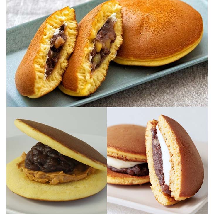 上：信州里の菓工房の「バタどら」216円、右下：やまり菓子舗の「生乳バタどら」351円、左下：どらやき専門店 丹坊の「どらやき 落花生」321円 [食楽web]