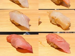 赤酢で1貫ずつ目の前で握っていただきました