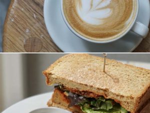 コーヒーをはじめとするドリンクと、3種のサンドイッチが楽しめます