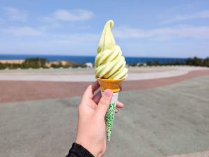 「見晴らしの丘」名物のなしソフト。夏は、二十世紀梨のかき氷もおすすめ