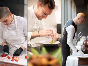 ディナーを手がける『MUNI ALAIN DUCASSE』のメンバー。（左から）エマ・ベティ（シェフパティシエ）、アレッサンドロ・ガルディアーニ（エグゼクティブシェフ）、アントワン・ジュエ（総支配人）