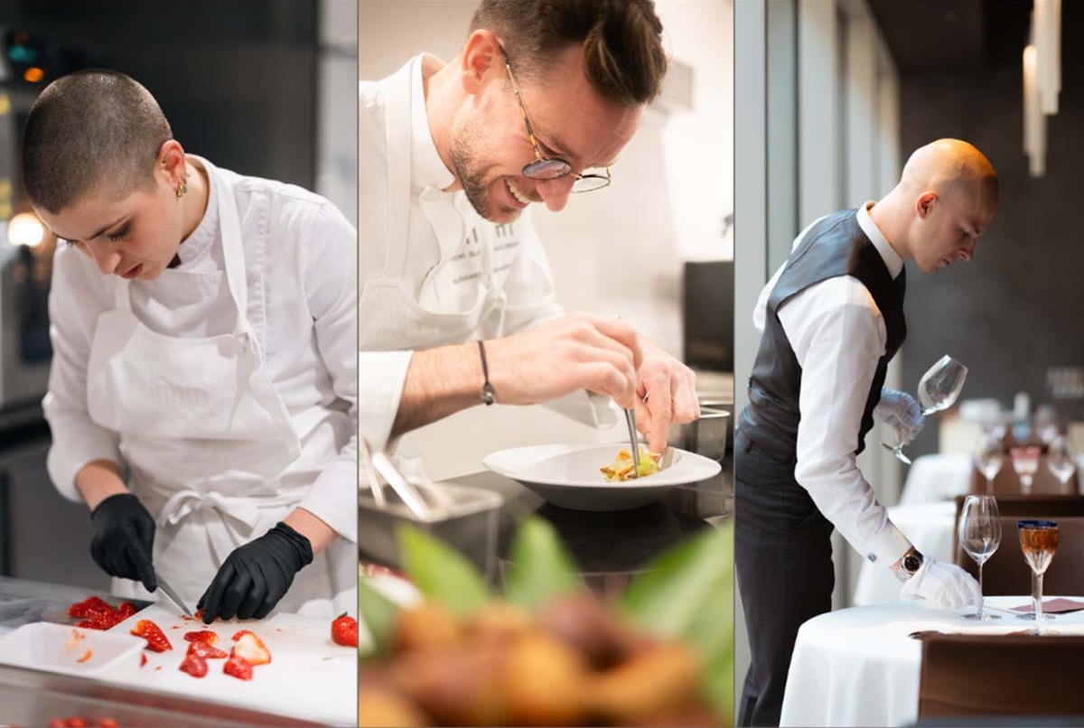 ディナーを手がける『MUNI ALAIN DUCASSE』のメンバー。(左から)エマ・ベティ(シェフパティシエ)、アレッサンドロ・ガルディアーニ(エグゼクティブシェフ)、アントワン・ジュエ(総支配人)
