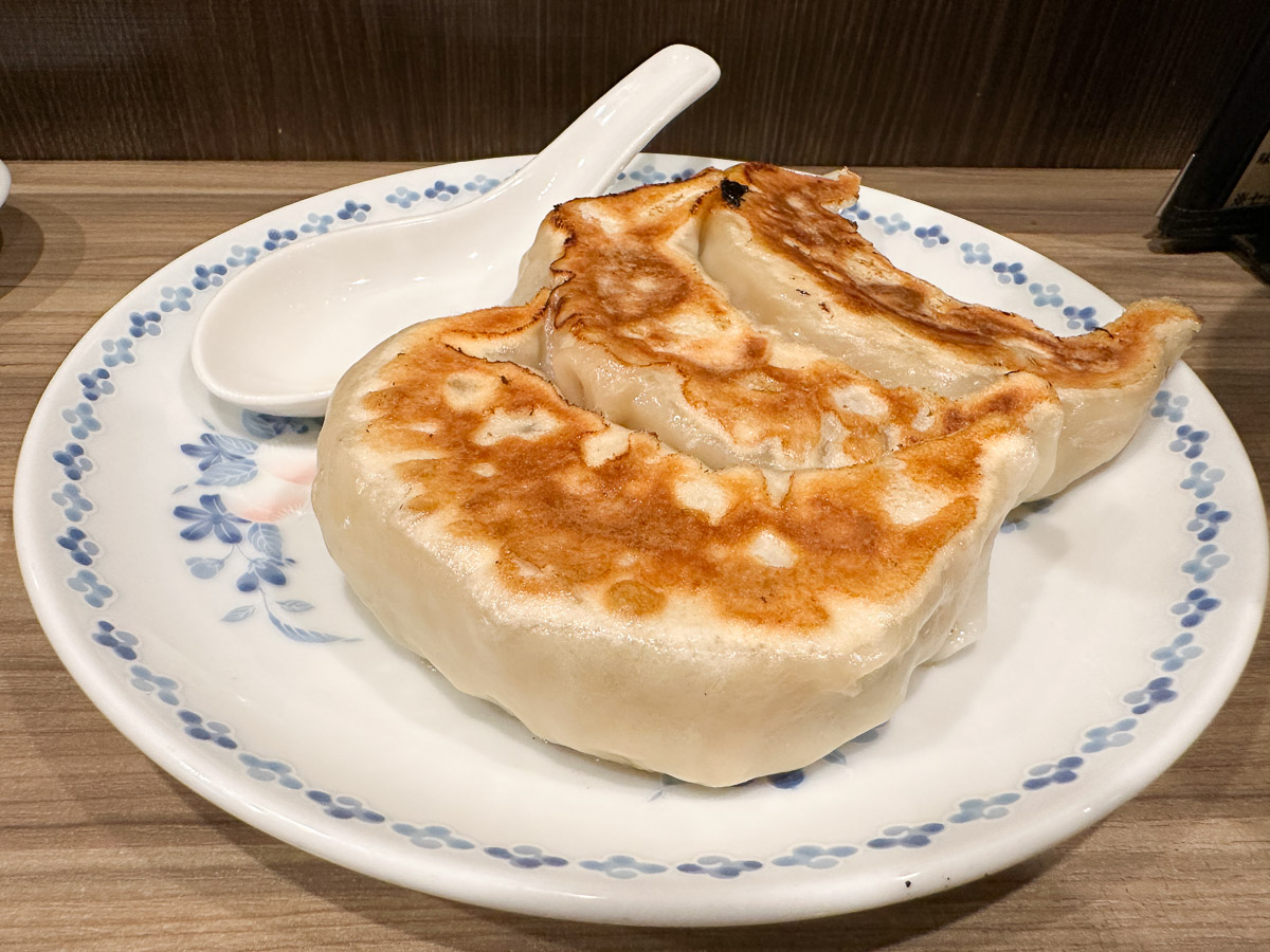 名物、手造りジャンボ餃子1人前3個570円。レンゲと比べるとその大きさがわかる