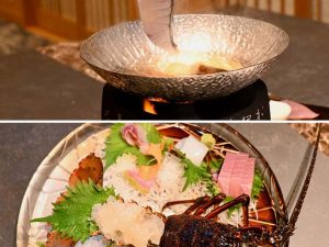 上：「桜びんちょう鮪と鰆のしゃぶしゃぶ」、下：「伊勢海老 本日の熊野灘、枯木灘で獲れた鮮魚」