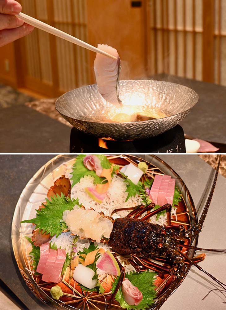上:「桜びんちょう鮪と鰆のしゃぶしゃぶ」、下:「伊勢海老 本日の熊野灘、枯木灘で獲れた鮮魚」