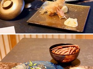 上：熊野海老のフライ。左奥は鮑炭煮麺、右奥は熊野牛の野田焼き、下：ごはんの最後には和歌山の名物、ケンケン鰹の桜海苔巻も。結びの神米を使用。豪華な「伊勢海老の合わせ味噌仕立て」と一緒に