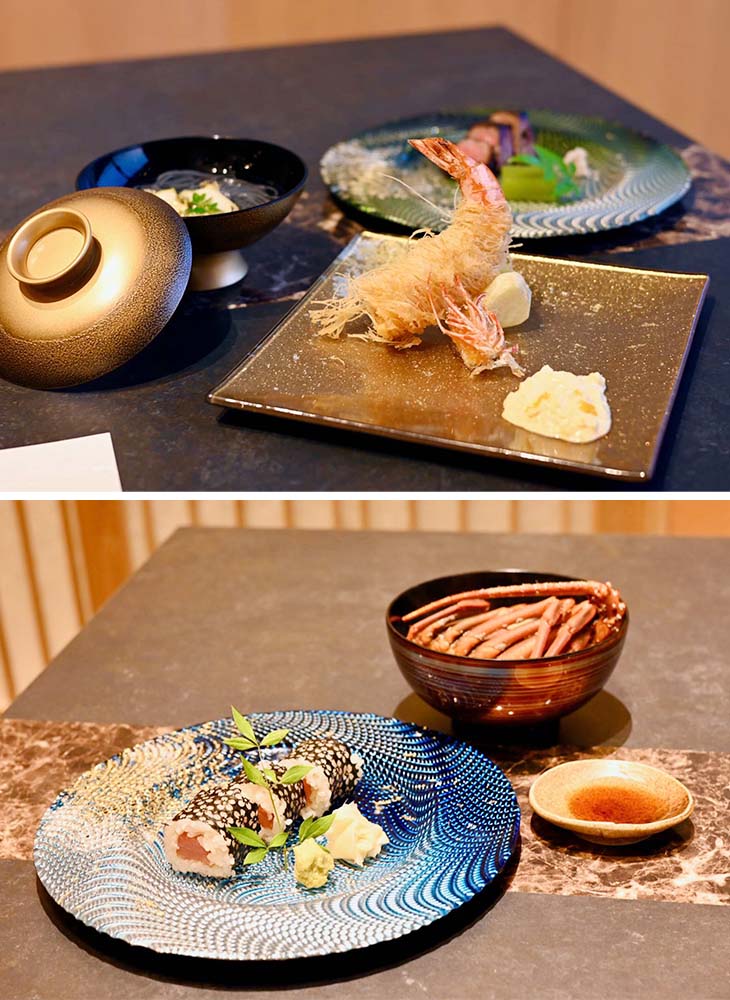 上:熊野海老のフライ。左奥は鮑炭煮麺、右奥は熊野牛の野田焼き、下:ごはんの最後には和歌山の名物、ケンケン鰹の桜海苔巻も。結びの神米を使用。豪華な「伊勢海老の合わせ味噌仕立て」と一緒に