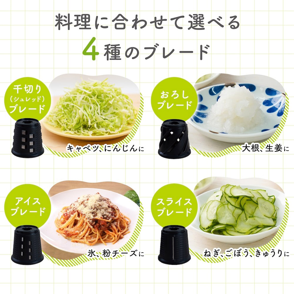 4種類のブレードを付け替えることでさまざまな調理に対応